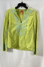 Y2K Tory Burch Women's Green Cotton Tunic Blue Embroidered Boho Blouse Sz 4