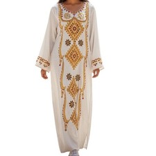 Vintage Egyptian Embroidered Kaftan Dress White Gold Jewel Galabeya Maxi