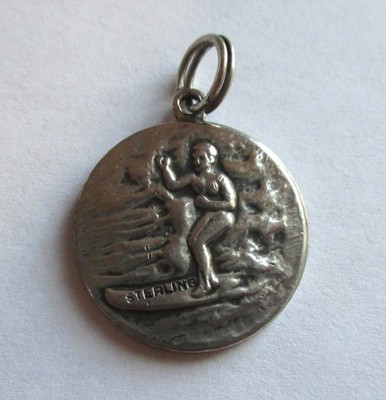 VINTAGE STERLING SILVER ENAMEL SURFER SAINT CHRISTOPHER MEDAL CHARM PENDANT
