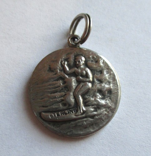 VINTAGE STERLING SILVER ENAMEL SURFER SAINT CHRISTOPHER MEDAL CHARM PENDANT
