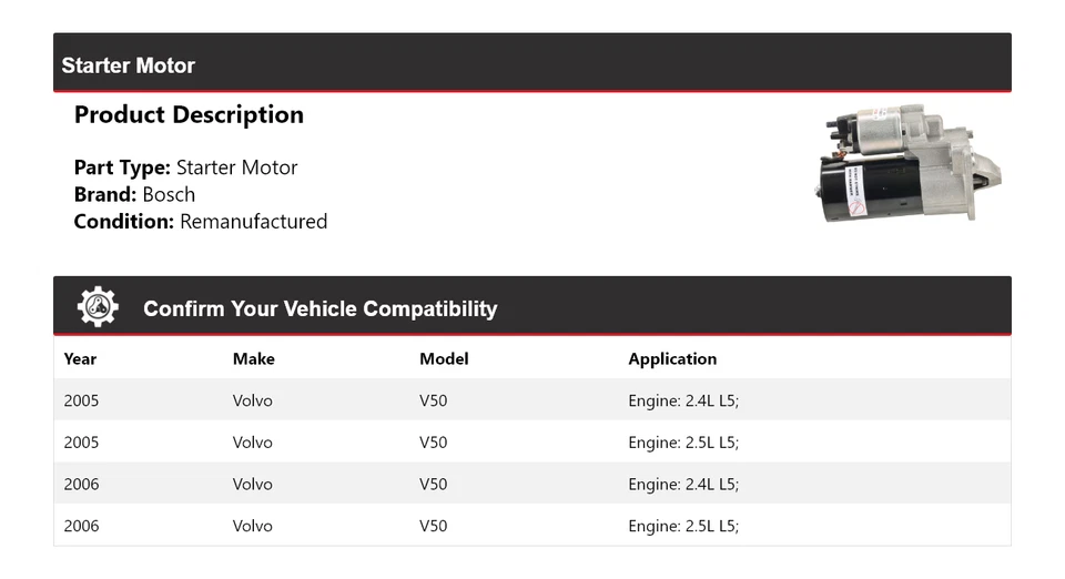 For 2005-2006 Volvo V50 Bosch Starter (Remanufactured) - Imagem 2 de 4