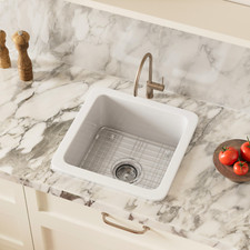 18X18 Inch White Square Bar Sink, Dual Mount Kitchen Sink With Grid And Strainer