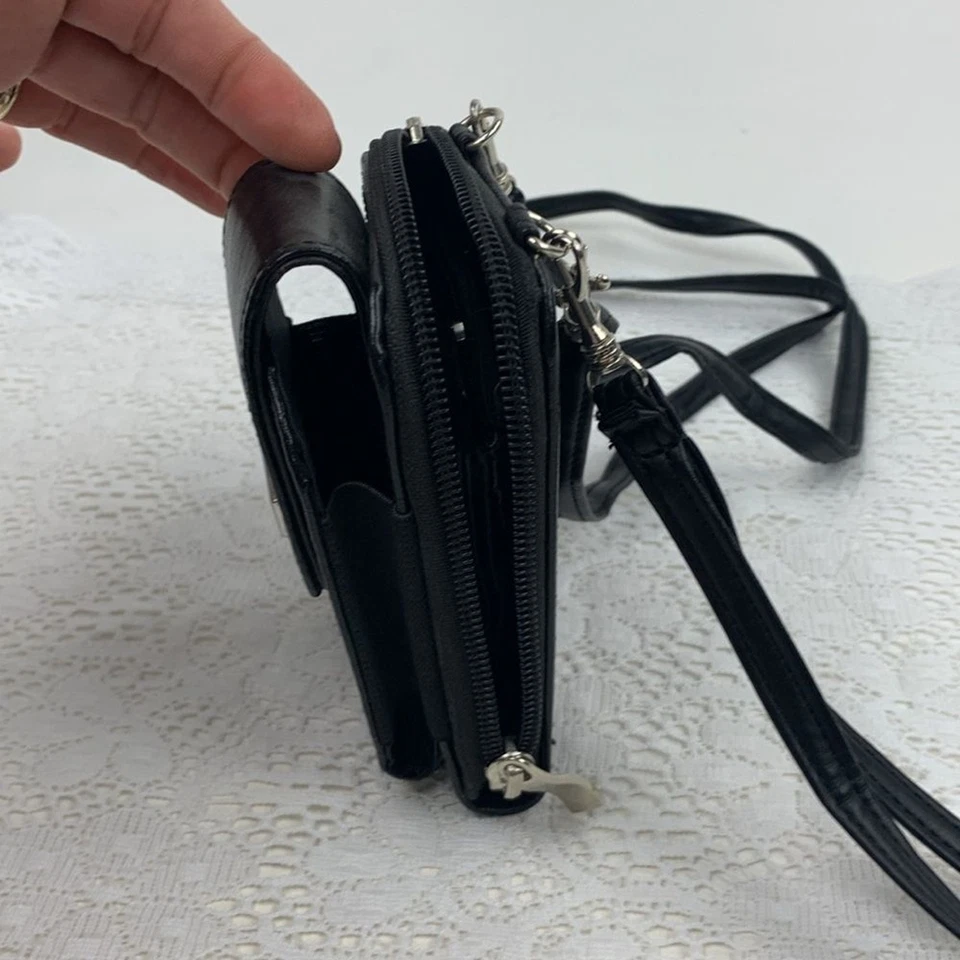 Vintage Buxton Wristlet Wallet Crossbody Travel Mini belt bag Black Silver Strap Foto 3 de 4