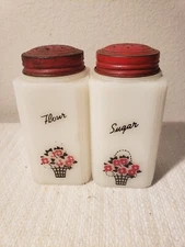 2 Vintage McKee Tipp City Milk Glass Flower Basket Flour & Sugar Shakers Red Lid