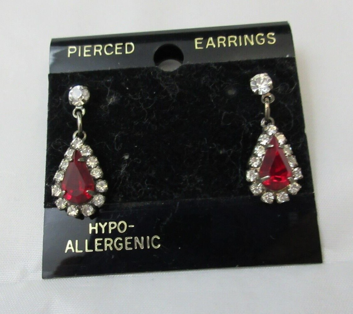 Dangle Prong Set Ruby Red Clear Rhinestone Teardr… - image 1