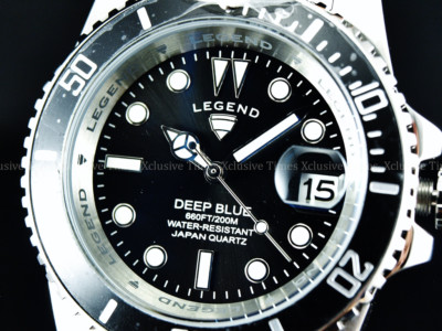 RARE Legend Men 200m Deep Blue Diver Midnight Black Dial Quartz SS