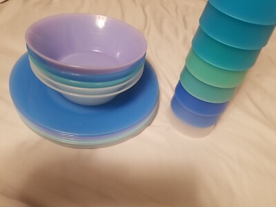 Plastic Diner Plates Bowls Cups Multi colored barely used