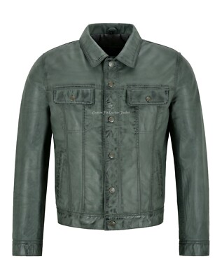 Herren Trucker Echt Leder Jacke Grau Napa Western Mode Biker Style 1280