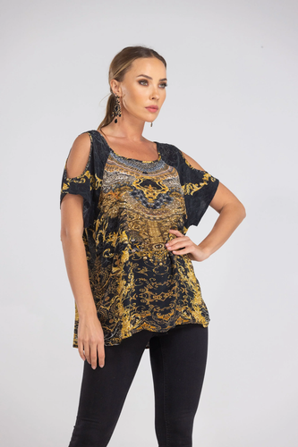 NEW THE SWANK RESORT VALETTA COLD SHOULDER TOP BLOUSE VISCOSE CRYSTALS 3 / 18 - Picture 2 of 5