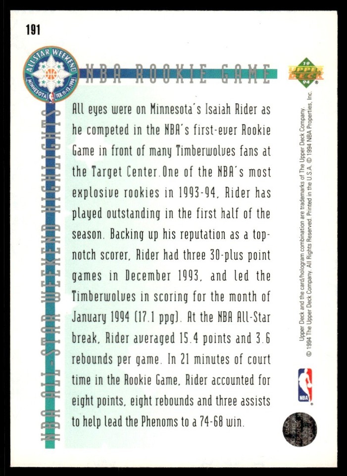 1993-94 Upper Deck Isaiah Rider Minnesota Timberwolves #191 | eBay