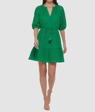 Vince Camuto Women's Green Eyelet Drawstring Balloon Sleeve Dress Size 8