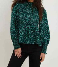 EX DOROTHY PERKINS BLACK GREEN SPOT SHIRRED LONG SLEEVE TOP NEW (ref 475) SALE
