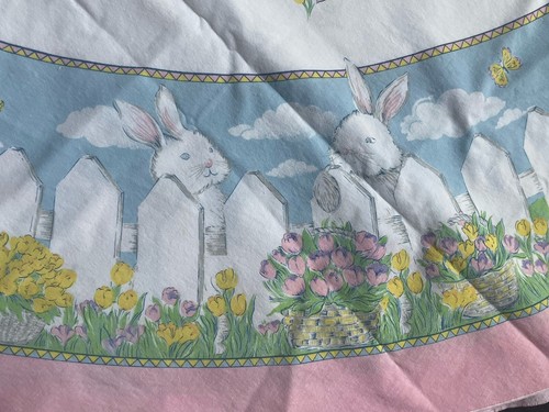 VINTAGE Large ROUND EASTER Bunny RABBIT Spring Tablecloth 69” Flowers Floral - Picture 4 of 11