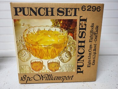 Vintage Glass Punch Bowl Set Williamsport Prism Cut 18 Pieces Sealed Box