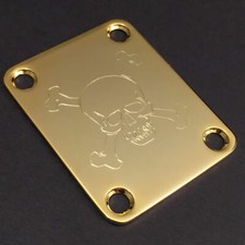 GUITAR NECK PLATE - Engraved Etched - SKULL  BONES - Fits Fender - GOLD