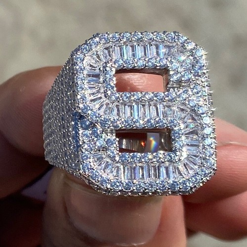 925 Sterling Silver Initial Block Letters Iced Baguette Flooded Out CZ Ring A-Z - Picture 185 of 256