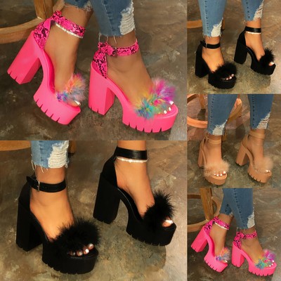 fur chunky heels