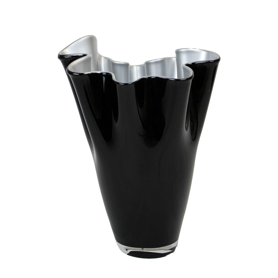 Vase Glas gewellt schwarz silber Glasvase Blumenvase mundgeblasen Tischvase - Bild 4 von 4