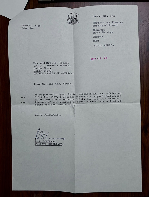 ALS w/ photo Ministry of Finance of the Republic of South Africa, dtd 11/28/77