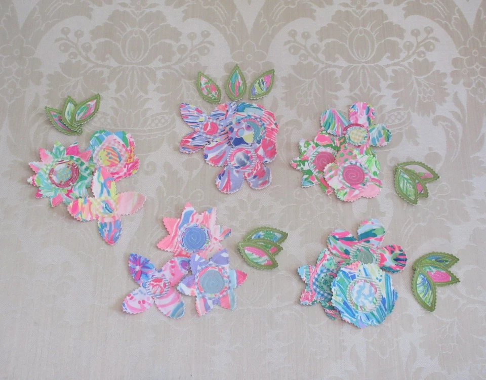 Preppy Lilly Pulitzer Fabric Patches  Applique Flowers Leaves Pink Lilac Blue #5 - Image 3 of 4