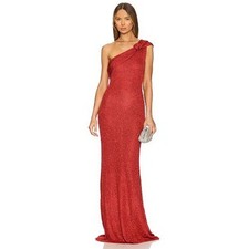 Runaway The Label Maxi Dress Red One Shoulder Rosette Metallic Knit Gown