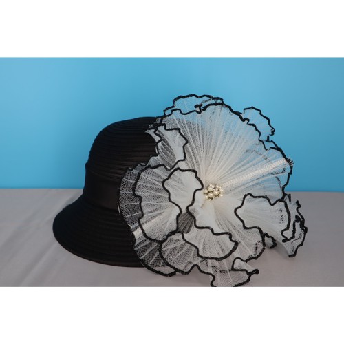 August Hat Company Black Church Derby Hat White Mesh Flower One Size