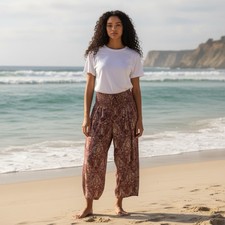 Free People Size XS Rust Paisley Wide Leg Palazzo Smocked Waist Boho Relaxed Fit