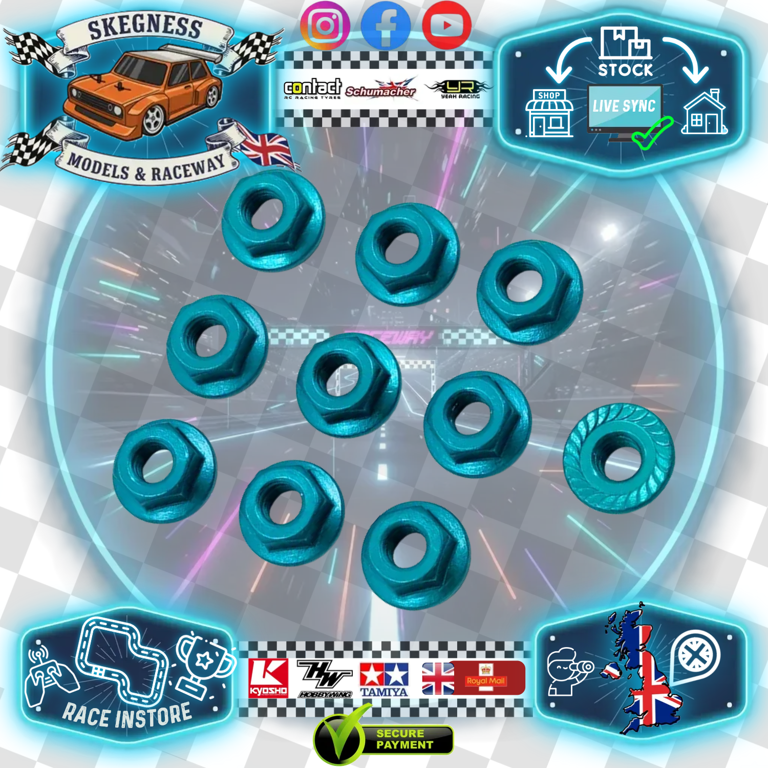 Yeah Racing - M4 1/10 WHEEL NUTS - Light Blue SERRATED ALUMINIUM (10PC) LN-M4S-L