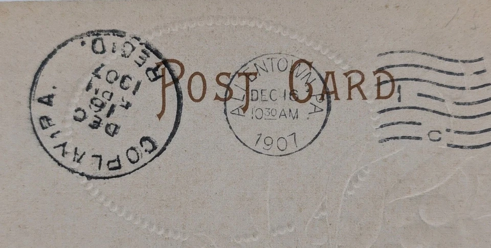 Rare Green 1902 Ben Franklin Stamp Cancelled 12/16/1907 On Christmas Postcard - Image 2 of 4