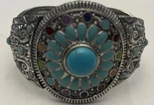 Boho Vintage Style Turquoise Silver Tone Stretch Bracelet Multi Color Stones