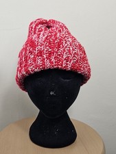 Hand Knitted Chunky Bobble Hat Red & White Striped Beanie Unisex Winter & Cosy