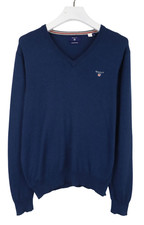 GANT Cotton Wool Jumper Men's MEDIUM Pullover Long Sleeve Knitted V-neck Blue