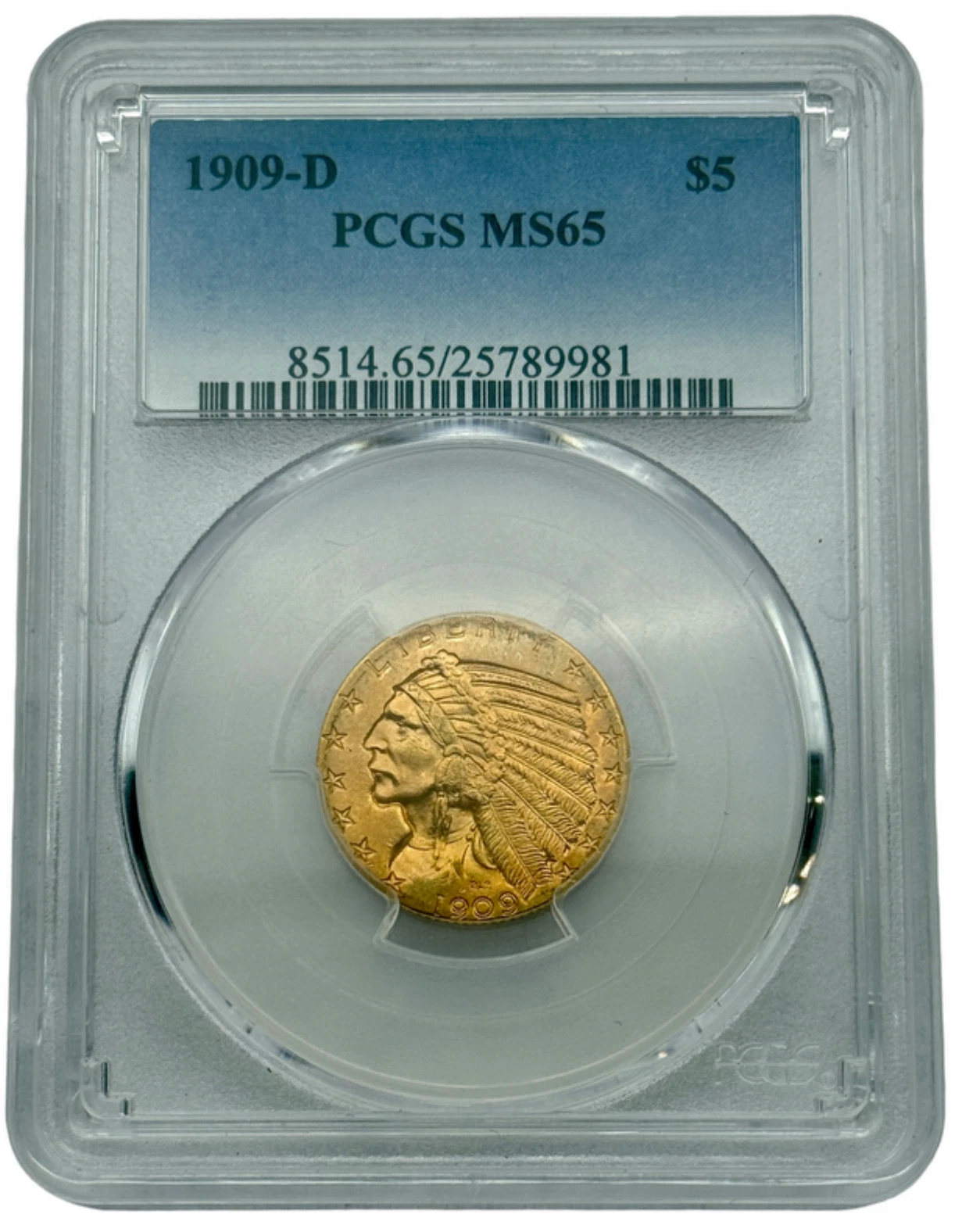 1909-D $5 Gold Indian Half Eagle, PCGS MS65, Scarce Gem Mint State Coin.