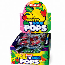 Charms Sweet 'N Sour Pops, Assorted Fruit Flavors, 48 Count Display Box, Net Wt