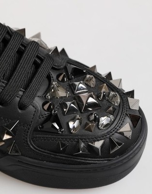 DOLCE & GABBANA Shoes Black Leather Studded Low Top Sneakers EU41
