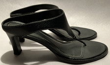Chaps Emilie Women 7B Black Leather 2 5/8" Heel, Ankle Wrap Slip on Thong Pumps