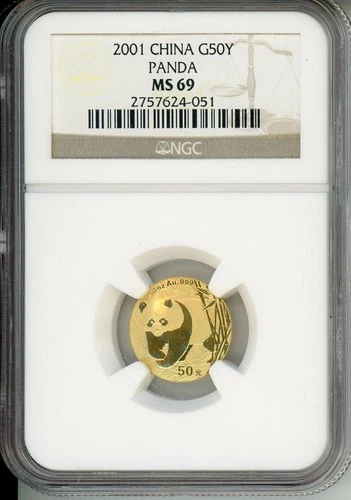 2001 GOLD PANDA 50Y 50-Yuan Yn CHINA NGC MS69 SCARCE 1/10 Oz. MS-69 BEAUTIFUL !