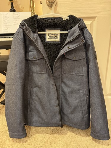 Giacca Levi's uomo XL foderata in pile con cappuccio outdoor invernale cappotto grigio 