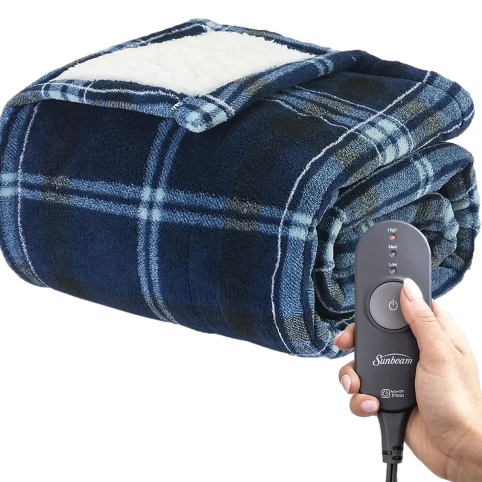 Manta de sherpa y microfelpa a cuadros azul eléctrica térmica Sunbeam, calentamiento Foto 2 de 3