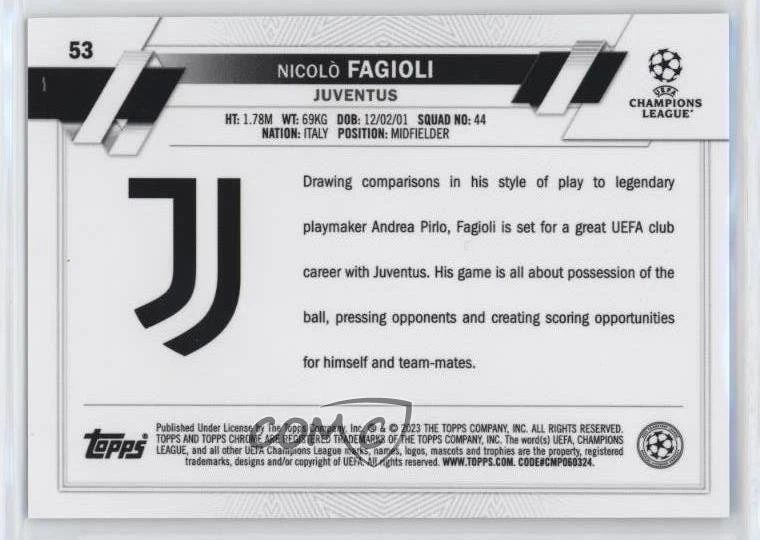 2022 Chrome Sapphire Edition UEFA Club Competitions Nicolo Fagioli #53 Rookie RC - Image 2 of 2