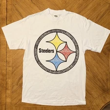Pittsburgh Steelers T-shirt Men's Size Large White Double Sided Logo Shaka Wear