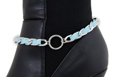 Women Western Boot Silver Metal Chain Ring Shoe Charm Turquoise Blue Color Strap
