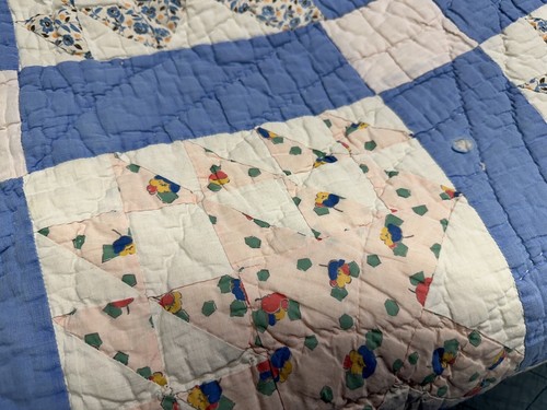 Antique Hand Pieced Quilted Pine Tree Quilt Blocks Mid Weight 66x74” Old Cotton - Afbeelding 20 van 23