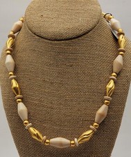 Image of New Tag Old Stock ANNE KLEIN Gold tone Beige Beads 19" Necklace AKII Round Logo