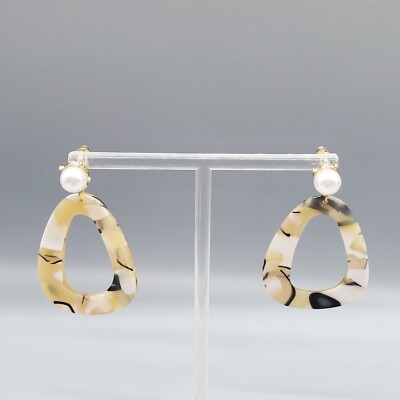 Tan Marbled Dangle Earrings Pierced Ear Faux Pearl Acrylic Open Loop Abstract