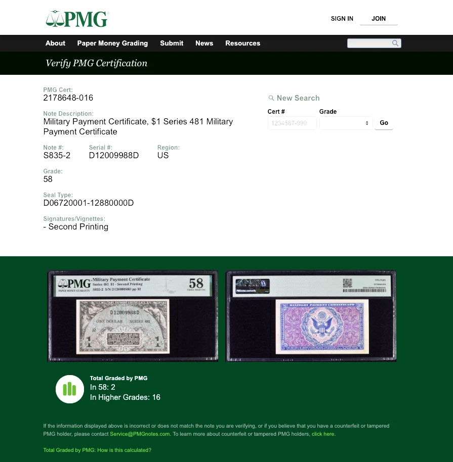 Series 481 $1 (Military Payment Certificate) 2nd Printing PMG 58 CAU Pick S835-2 - Image 3 of 4