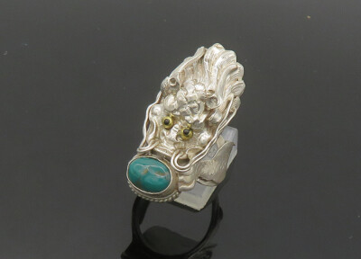 925 Silver Vintage Turquoise & Black Onyx Dragon Head Ring Sz 9 
