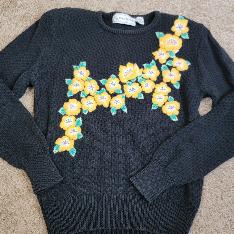 Suéter para mujer Evan Picone negro medio amarillo floral hombreras vintage Foto 3 de 4