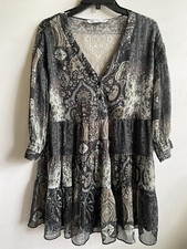Zara Woman Paisley Rufflle Hem Glitter  Vneck  Long Sleeve  Boho Dress Large