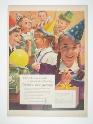 Children Birthday Party Dialing telephone Paper Hats Cake 1956 Vintage Print Ad